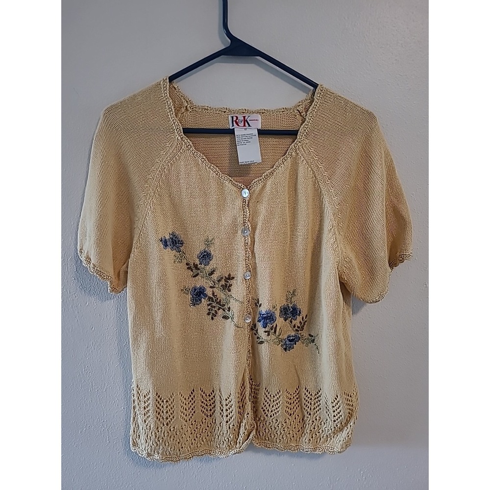 Vintage 90s R&K Originals Embroidered Knit Cardigan Yellow Blue Flowers Size 12
